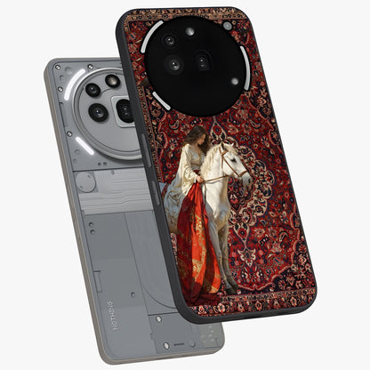 Royal Rider Tapestry Glass Case displayed in angled mockup highlighting traditional tapestry design with royal heritage aesthetic.
