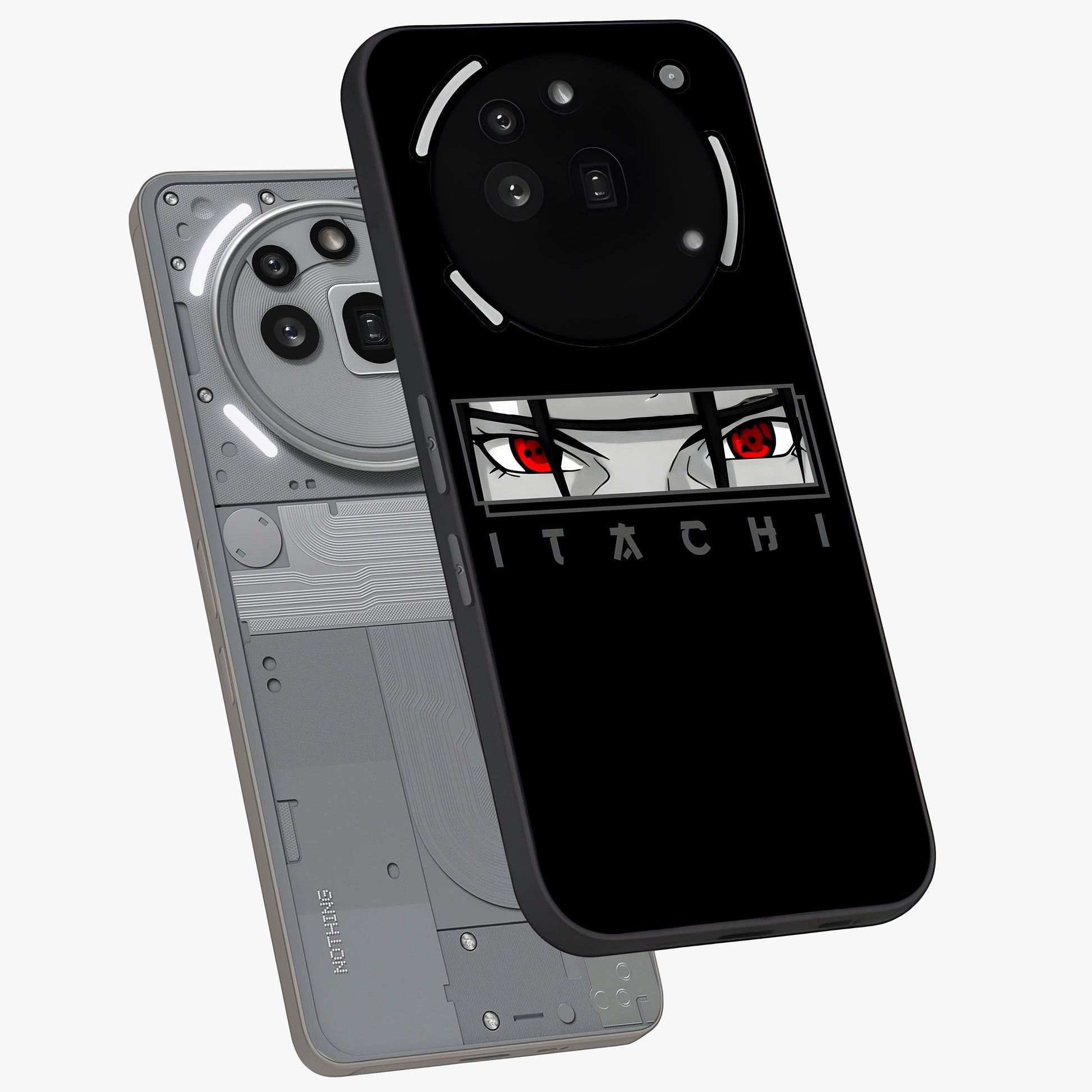 Scarlet Gaze Dominance Glass Case displayed in angled mockup highlighting intense visual design with bold scarlet aesthetic.