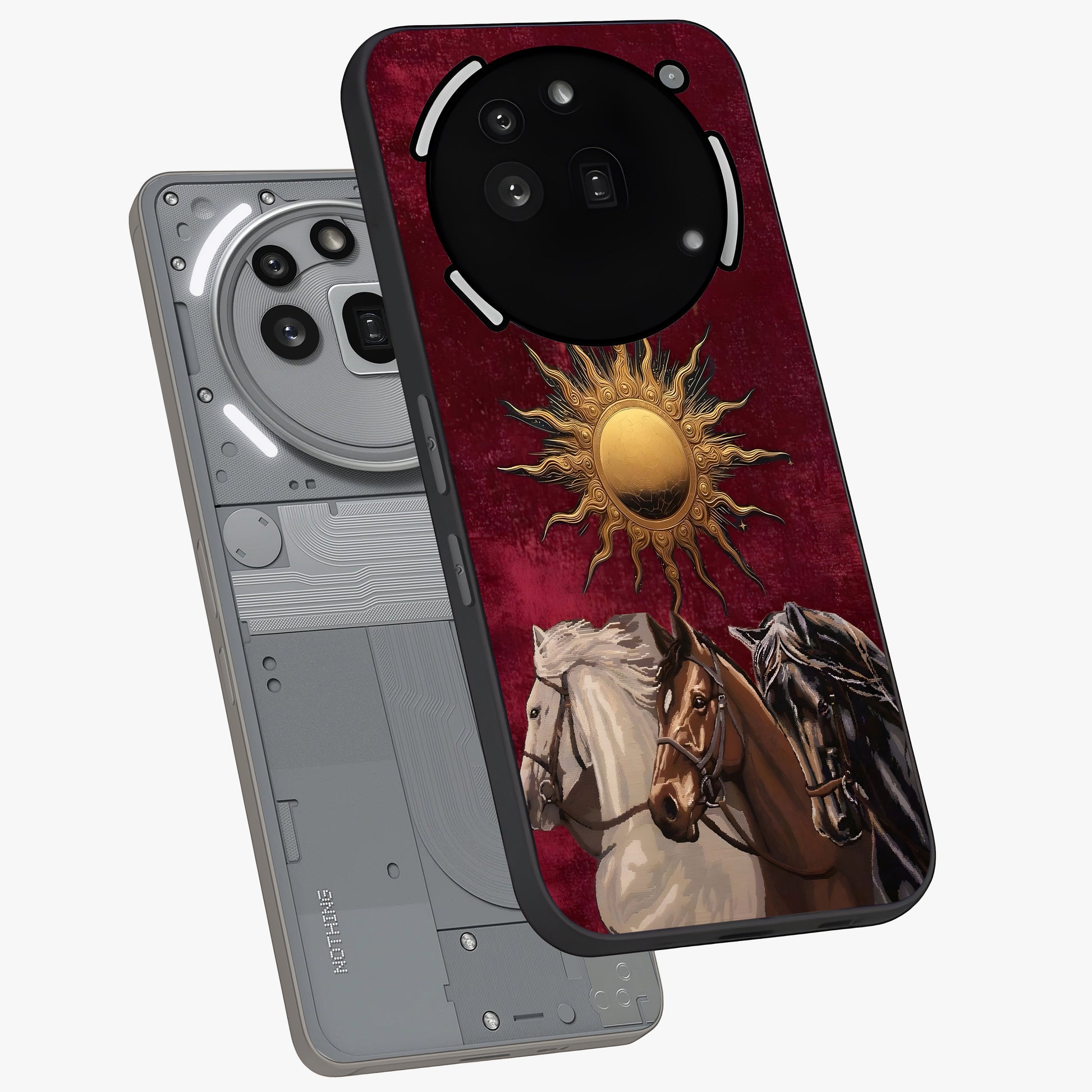Solar Riders Glass Case displayed in angled mockup highlighting powerful rider illustration with radiant solar aesthetic.