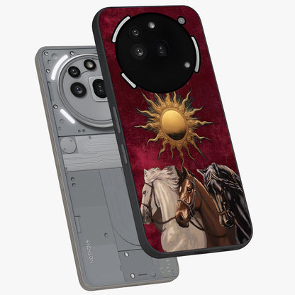 Solar Riders Glass Case displayed in angled mockup highlighting powerful rider illustration with radiant solar aesthetic.