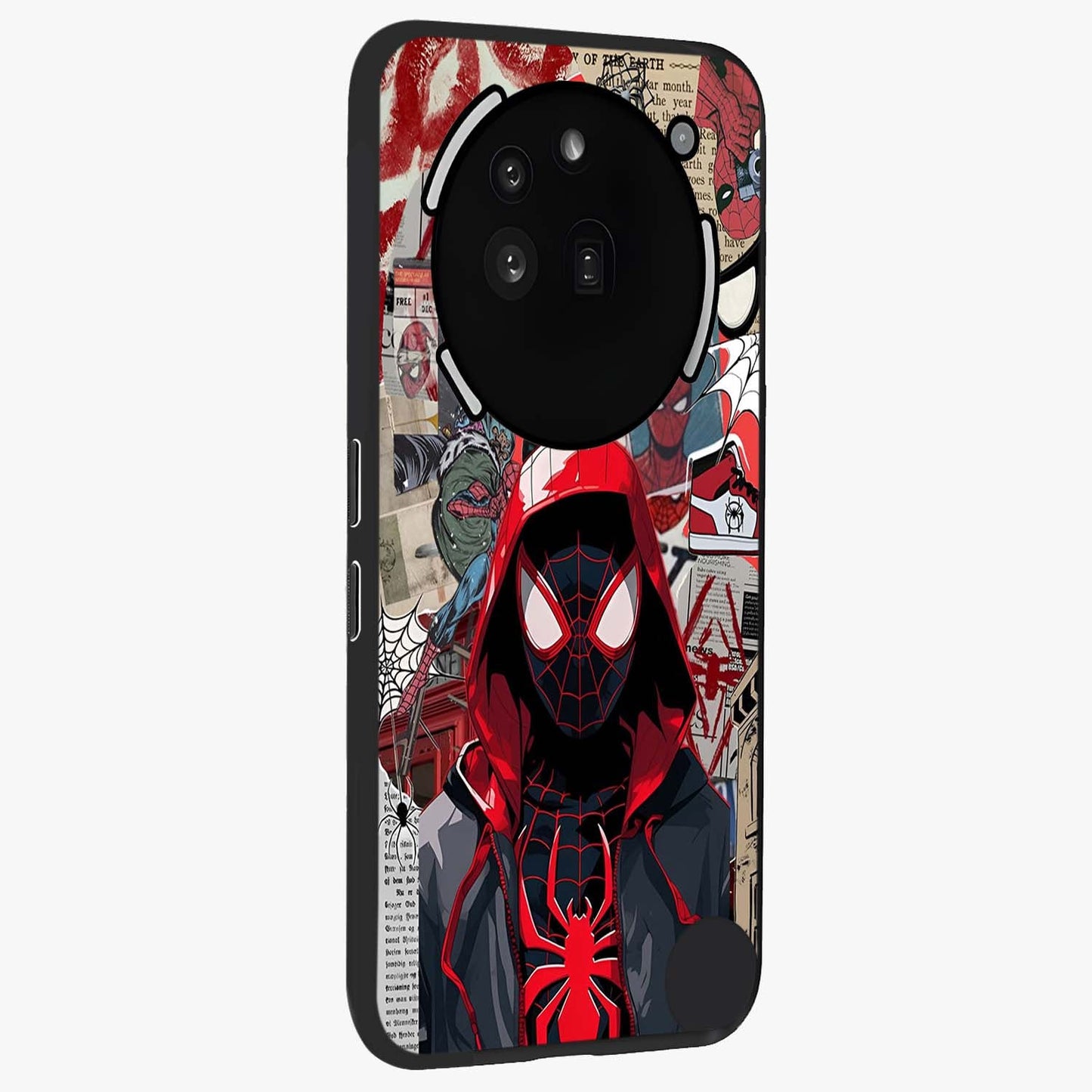 Spider Collage Street Glass Case upright view showcasing bold superhero artwork with urban street theme.