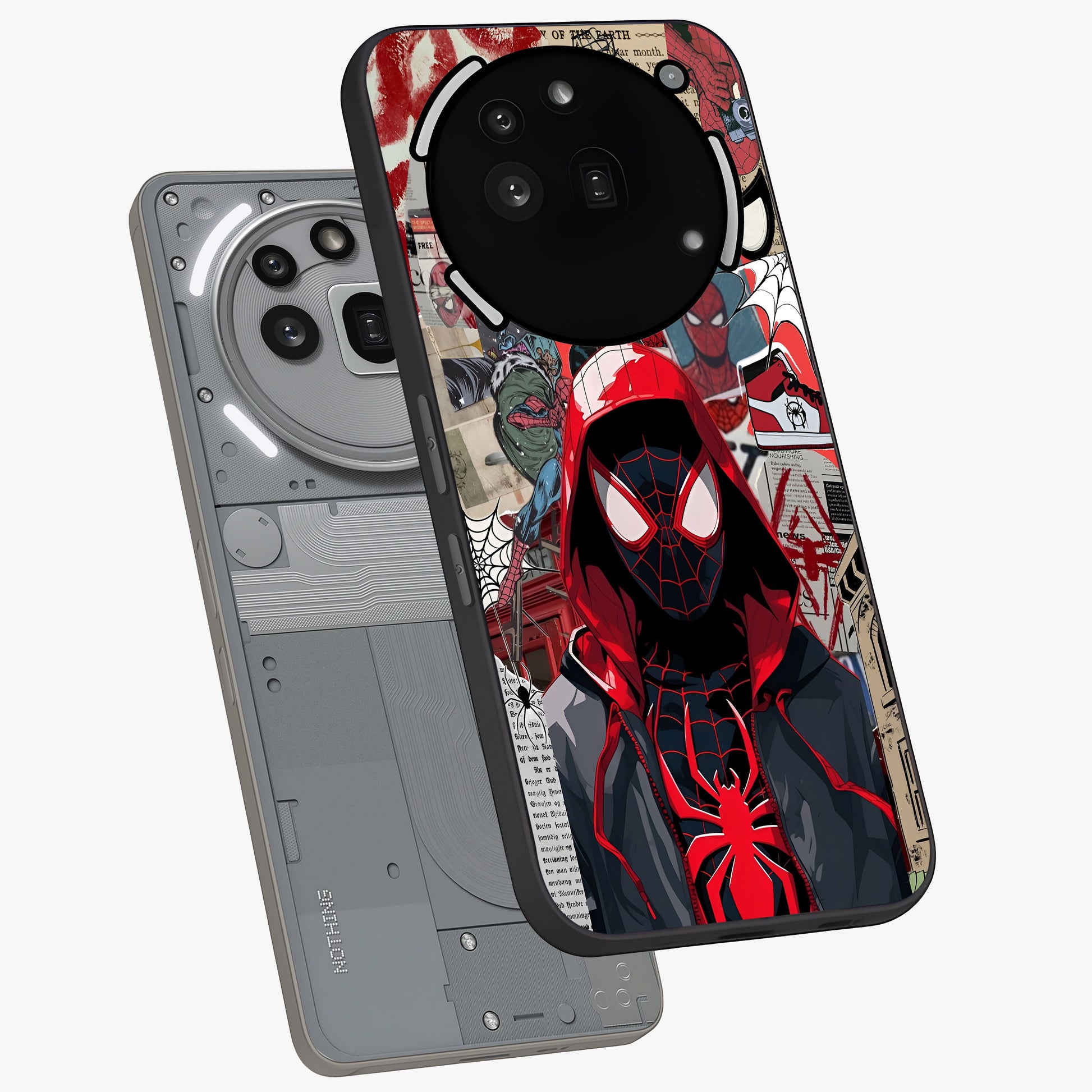 Spider Collage Street Glass Case displayed in angled mockup highlighting dynamic street style collage design with comic aesthetic.