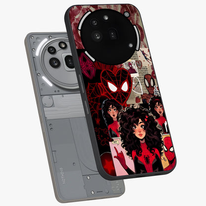 Spider Love Story Glass Case displayed in angled mockup highlighting expressive comic inspired design with playful aesthetic.