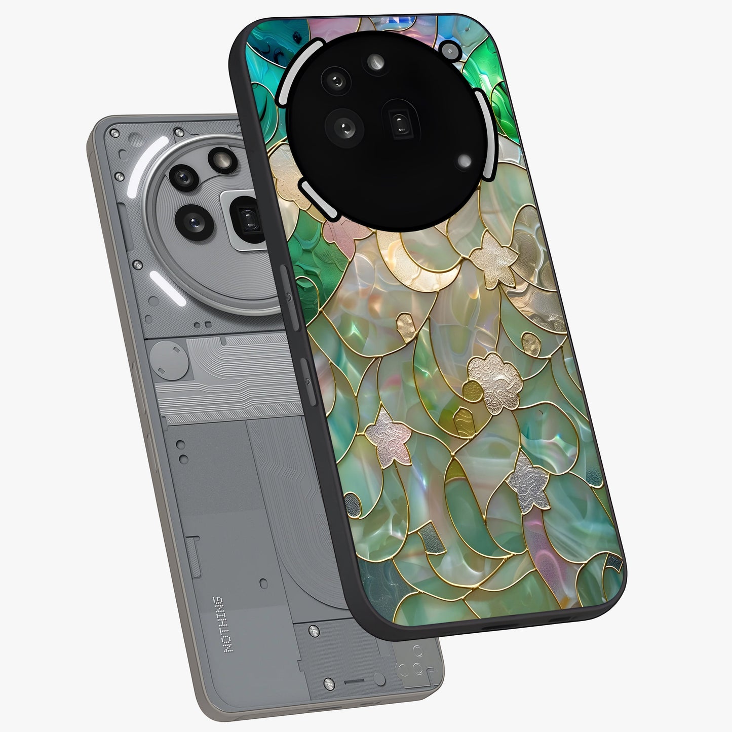 Stained Sunrise Glow Glass Case displayed in angled mockup highlighting radiant sunrise design with artistic aesthetic style.