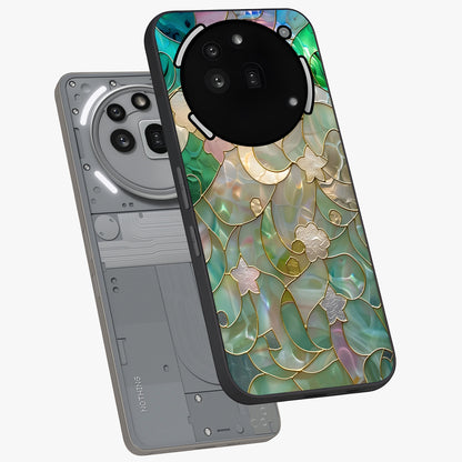 Stained Sunrise Glow Glass Case displayed in angled mockup highlighting radiant sunrise design with artistic aesthetic style.