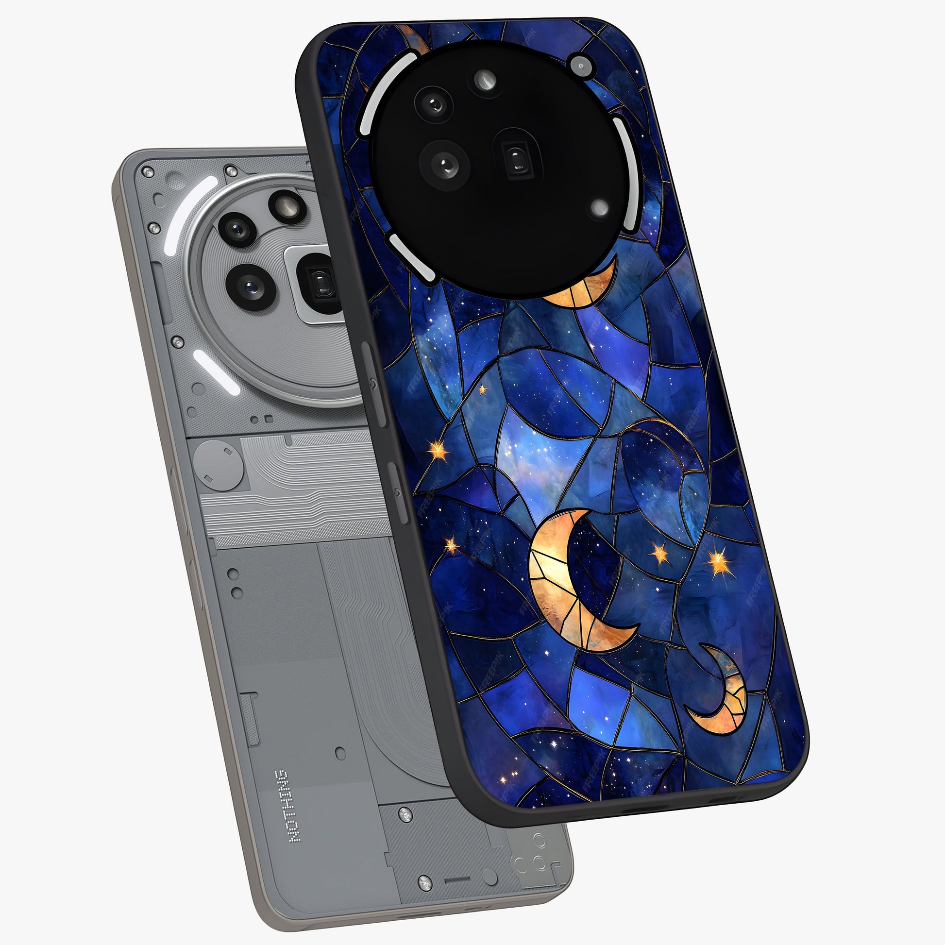 Starlit Sky Tapestry Glass Case displayed in angled mockup highlighting celestial night pattern with artistic aesthetic style.