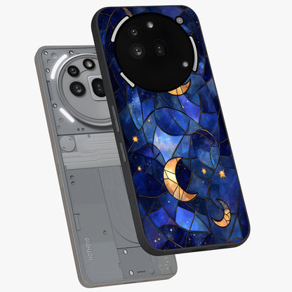 Starlit Sky Tapestry Glass Case displayed in angled mockup highlighting celestial night pattern with artistic aesthetic style.