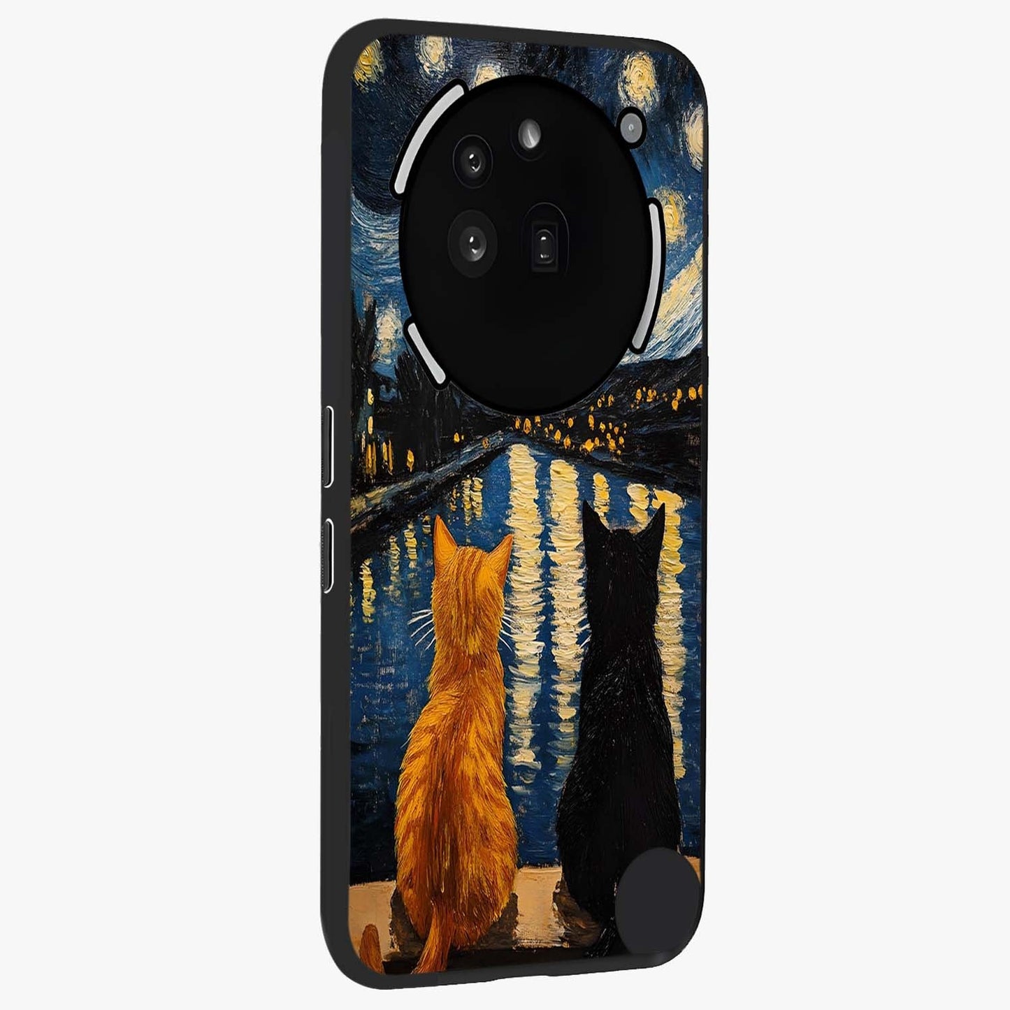 Starry River Cats Glass Case upright view showcasing adorable cat artwork with magical river and stars theme.