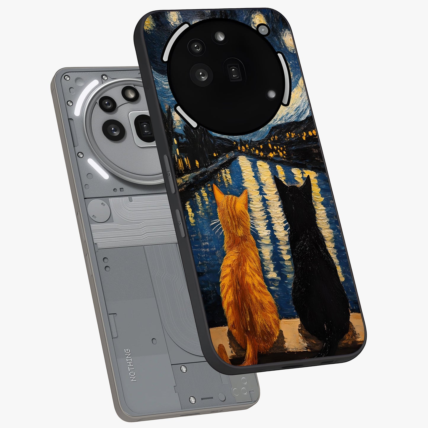 Starry River Cats Glass Case displayed in angled mockup highlighting charming feline illustration with dreamy night aesthetic.