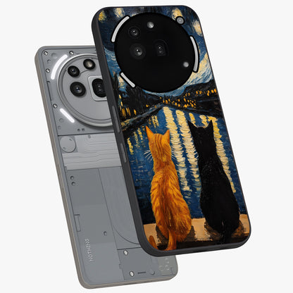 Starry River Cats Glass Case displayed in angled mockup highlighting charming feline illustration with dreamy night aesthetic.