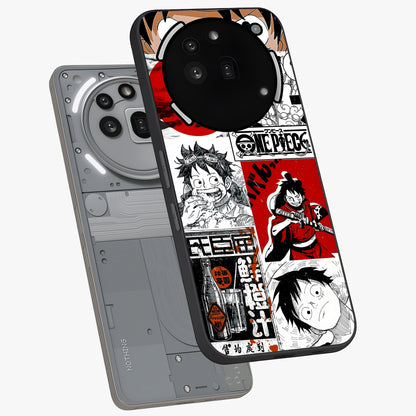 Strawhat Chaos Panels Glass Case displayed in angled mockup highlighting vibrant anime collage design with action aesthetic.
