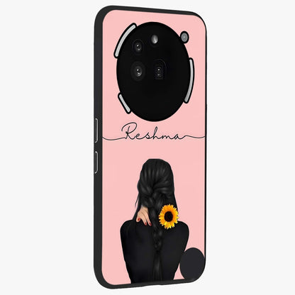 Sunflower Braid Beauty With Custom Name Glass Case upright view showcasing bright sunflower artwork with personalized floral aesthetic.