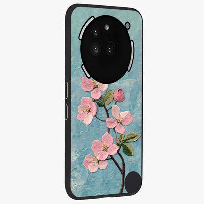 Threaded Blossom Breeze Glass Case upright view showcasing graceful flower artwork with calm botanical theme.