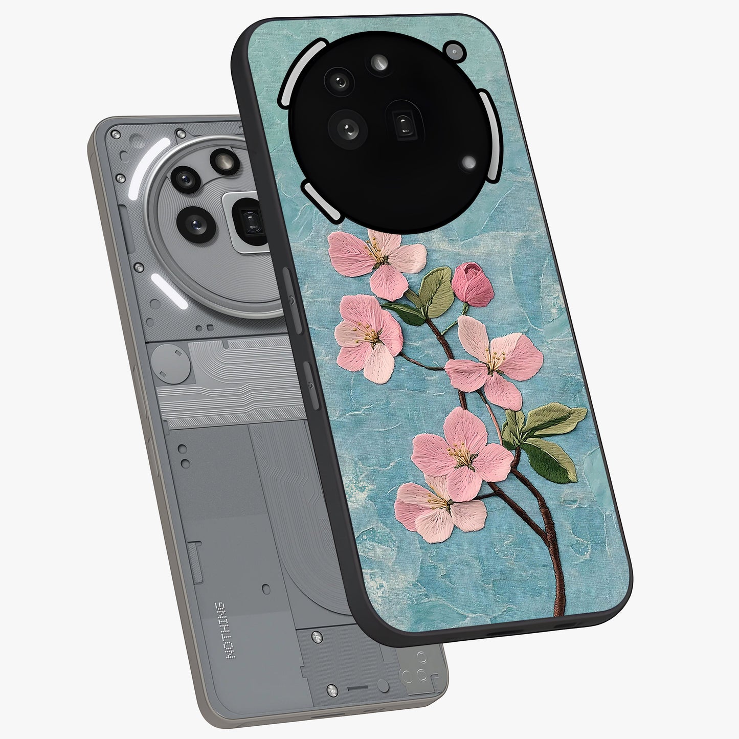 Threaded Blossom Breeze Glass Case displayed in angled mockup highlighting elegant floral design with soft aesthetic style.