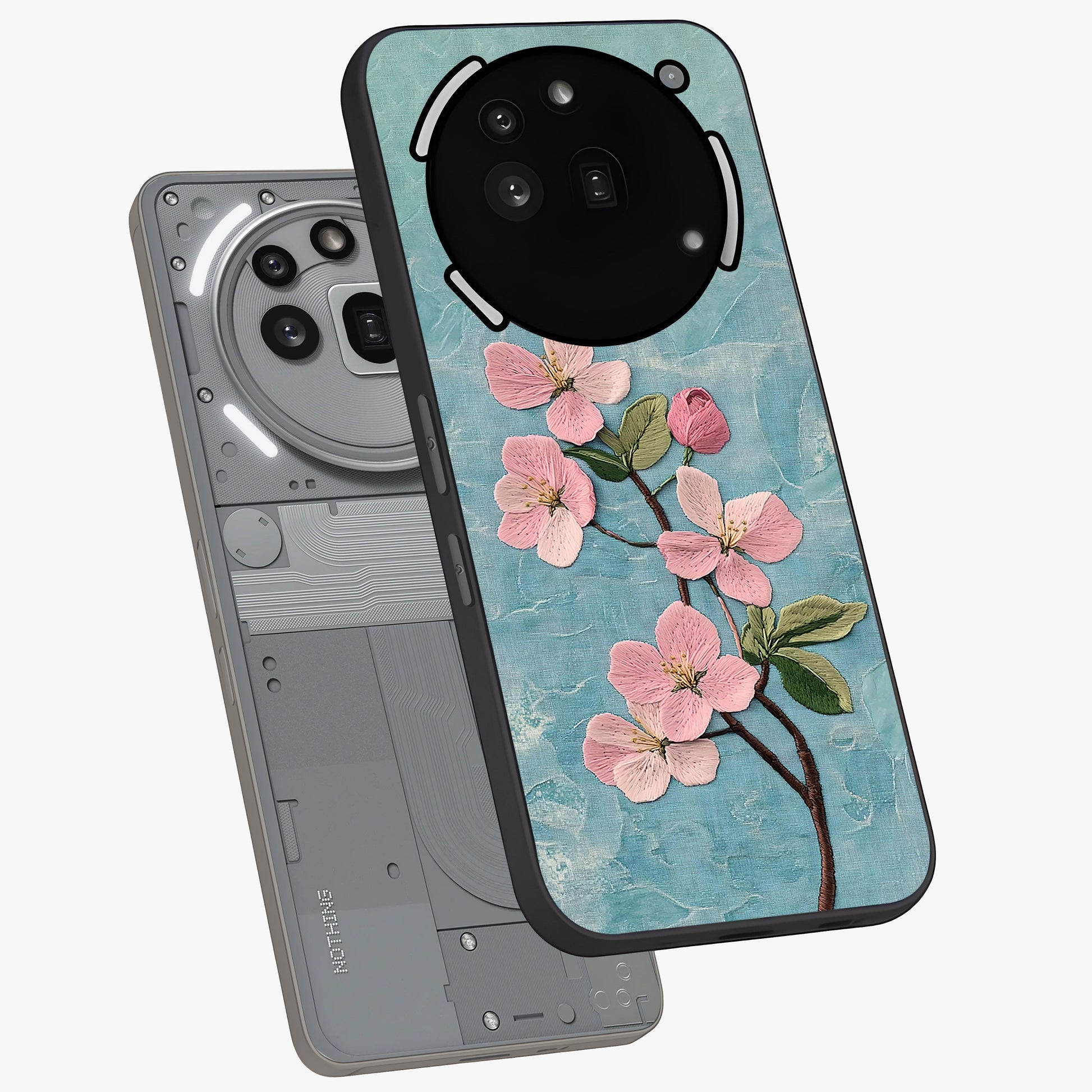 Threaded Blossom Breeze Glass Case displayed in angled mockup highlighting elegant floral design with soft aesthetic style.