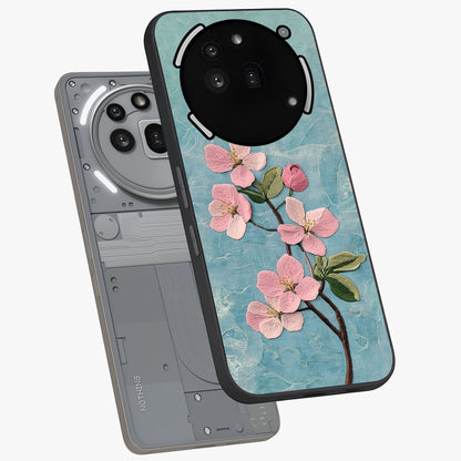 Threaded Blossom Breeze Glass Case displayed in angled mockup highlighting elegant floral design with soft aesthetic style.