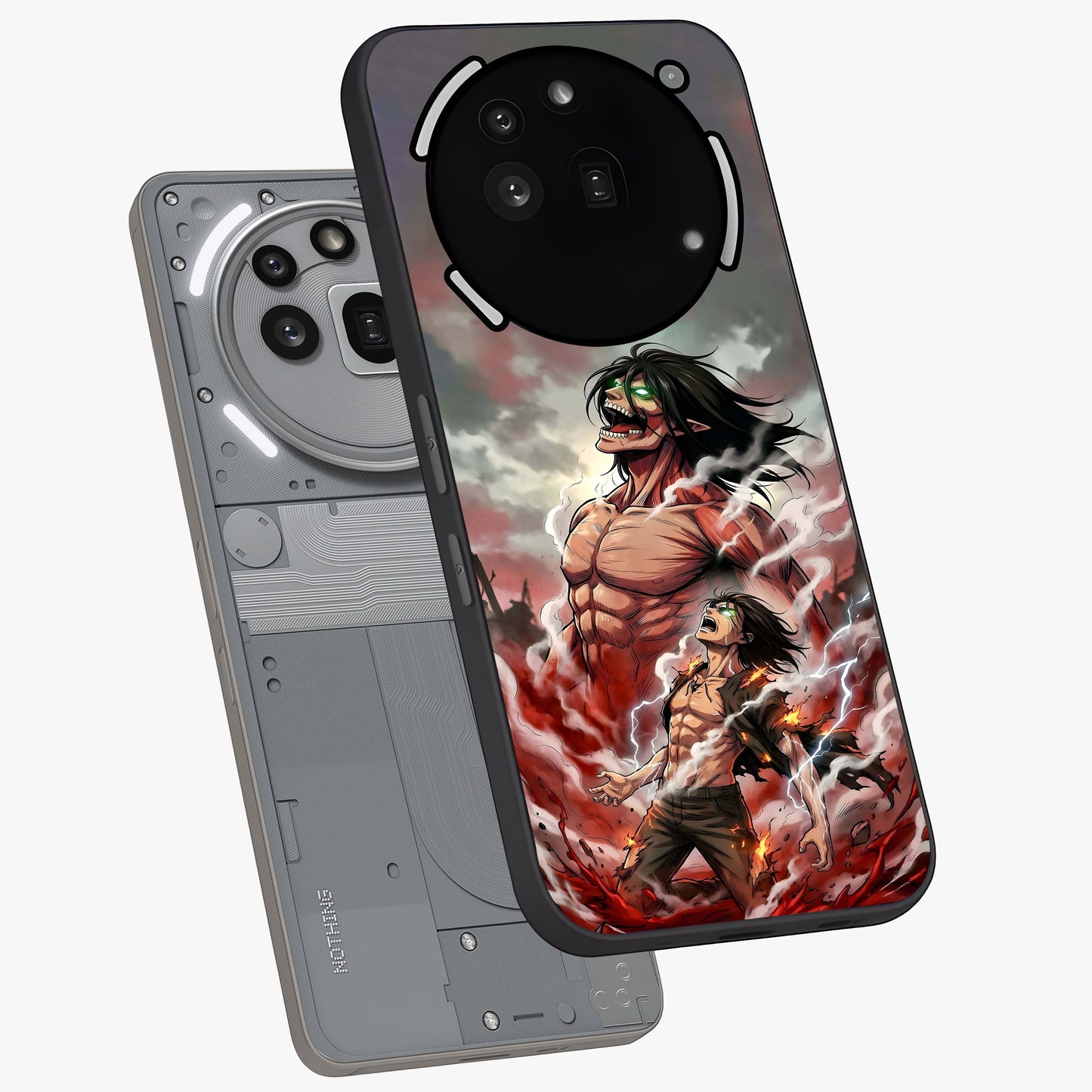 Titan Awakening Fury Glass Case displayed in angled mockup highlighting dramatic giant warrior design with bold anime aesthetic.