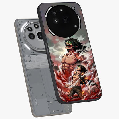 Titan Awakening Fury Glass Case displayed in angled mockup highlighting dramatic giant warrior design with bold anime aesthetic.