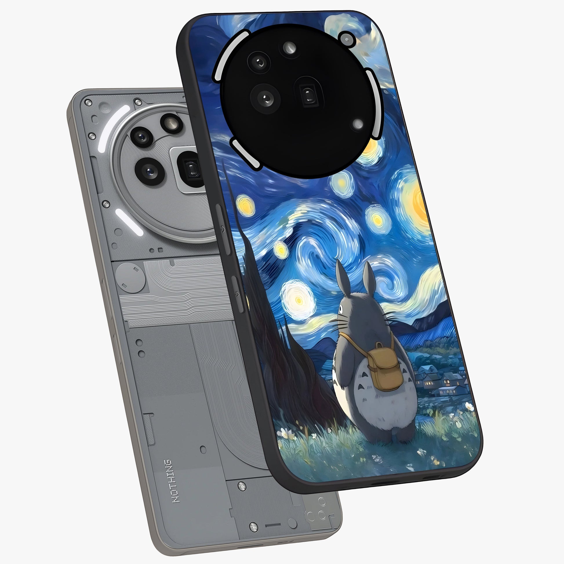 Totoro In Van Gogh Art Glass Case displayed in angled mockup highlighting artistic swirling sky design with playful animation aesthetic.