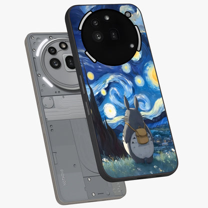 Totoro In Van Gogh Art Glass Case displayed in angled mockup highlighting artistic swirling sky design with playful animation aesthetic.