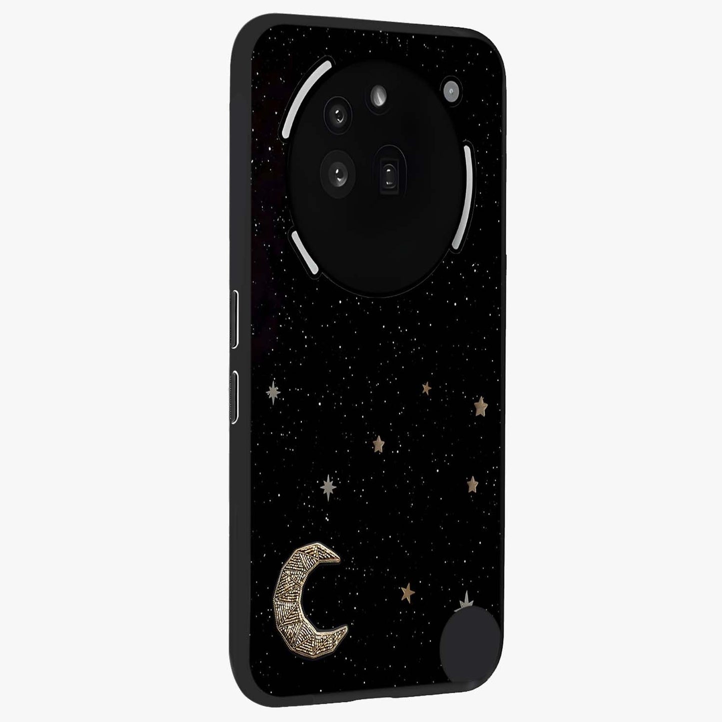 Twinkle Star With Half Moon Glass Case upright view showcasing glowing cosmic artwork with dreamy night theme.