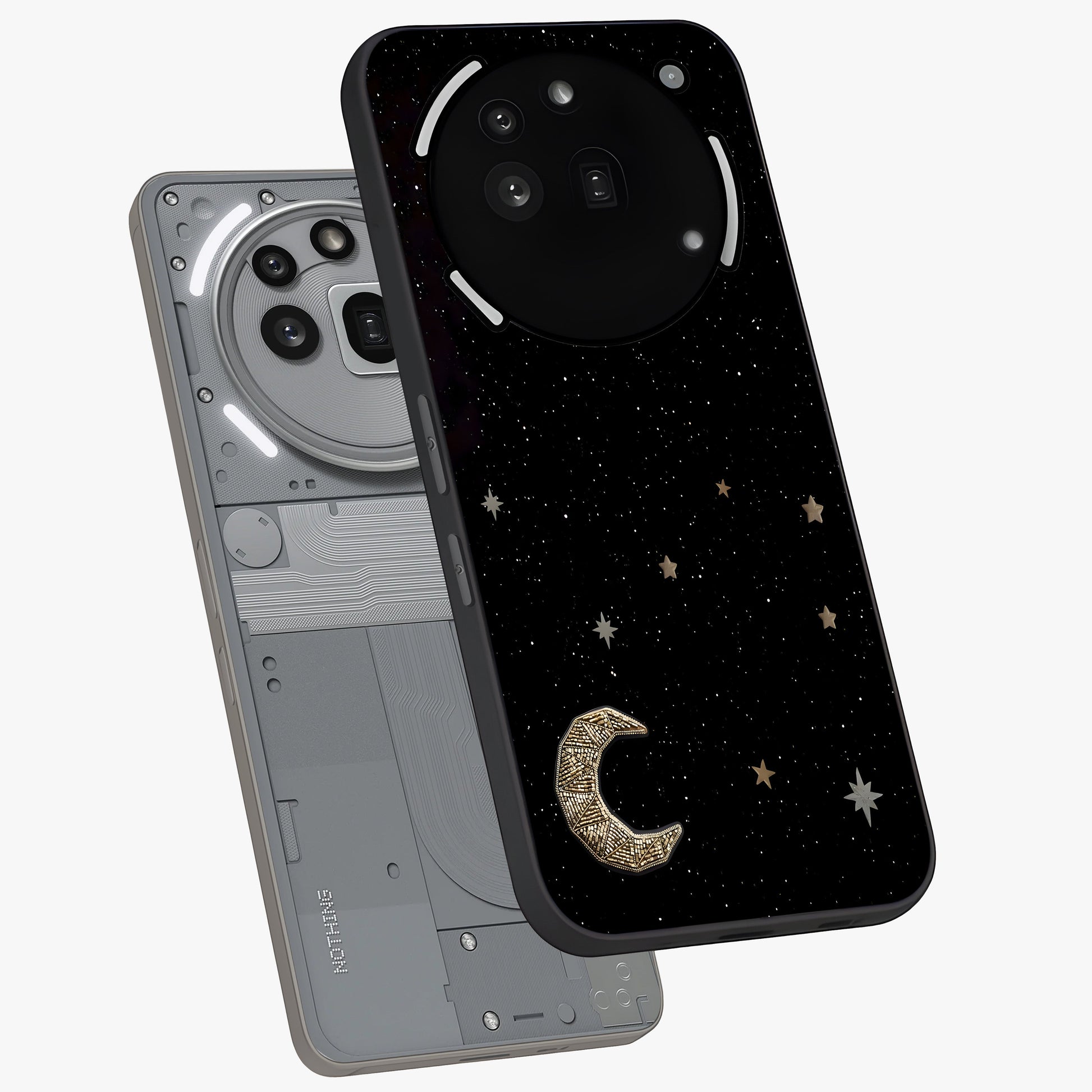 Twinkle Star With Half Moon Glass Case displayed in angled mockup highlighting celestial moon and star design with magical aesthetic.