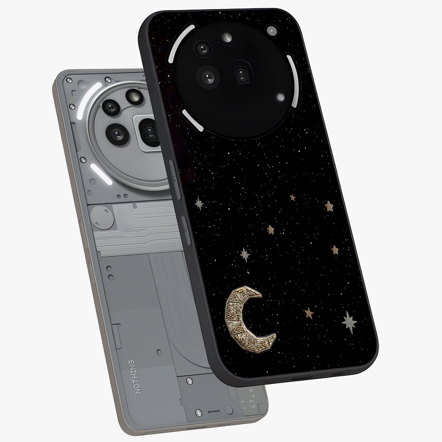 Twinkle Star With Half Moon Glass Case displayed in angled mockup highlighting celestial moon and star design with magical aesthetic.