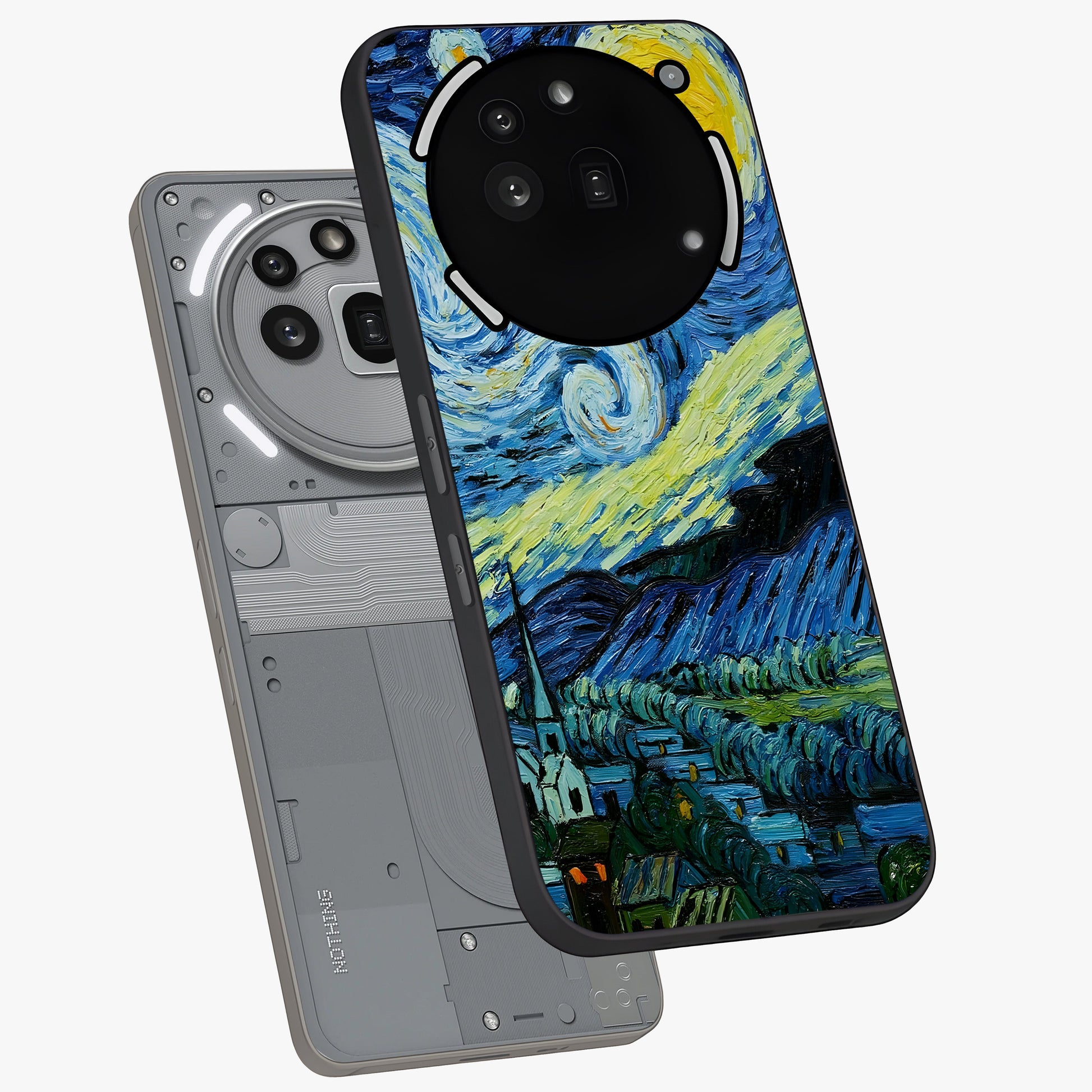 Van Gogh Art Glass Case displayed in angled mockup highlighting swirling brushstroke design with artistic aesthetic.