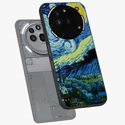 Van Gogh Art Glass Case displayed in angled mockup highlighting swirling brushstroke design with artistic aesthetic.