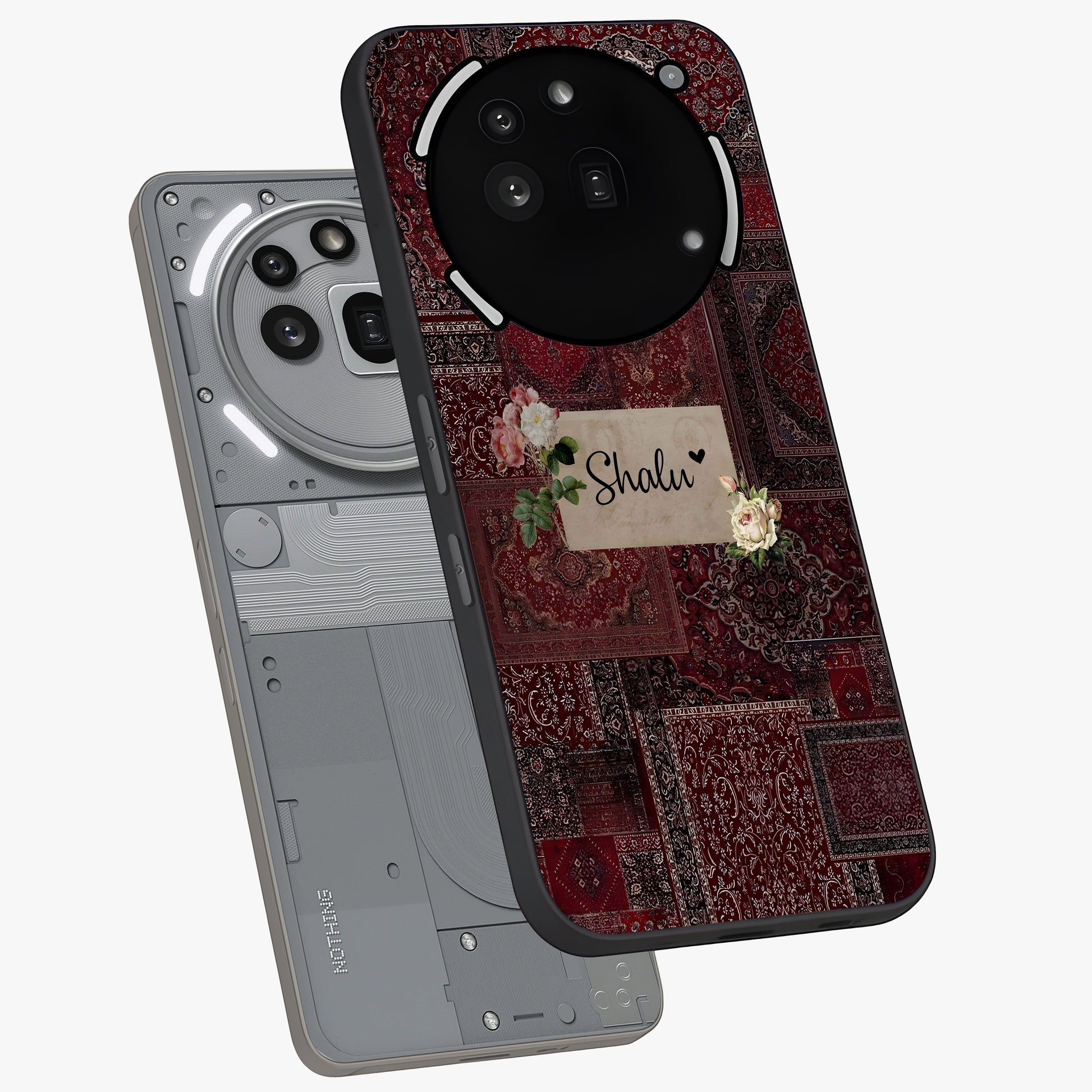 Velvet Wine Pattern Custom Name Glass Case displayed in angled mockup highlighting decorative velvet inspired design with custom name feature.