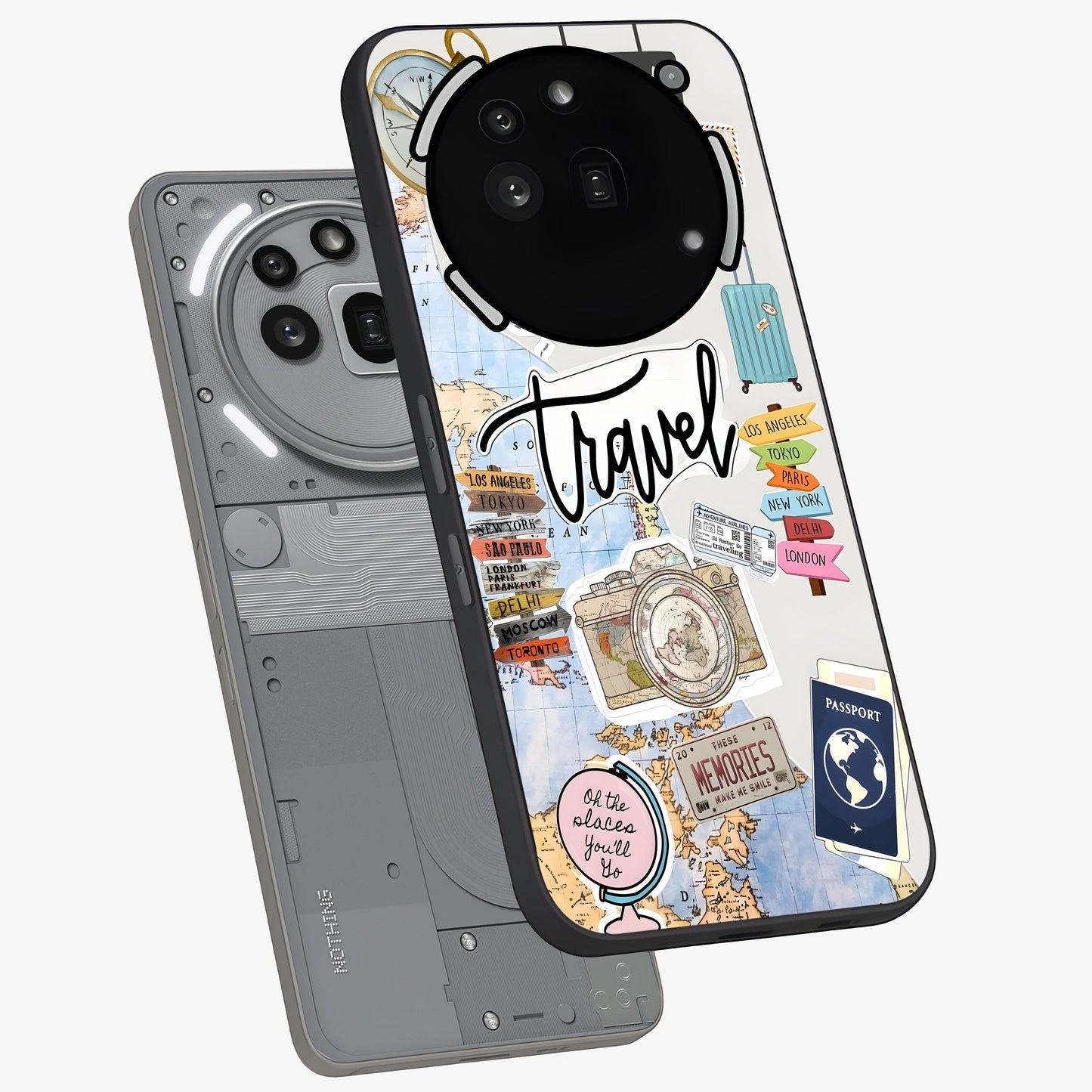 Wanderlust Journal Glass Case displayed in angled mockup highlighting adventure themed design with aesthetic travel vibe.