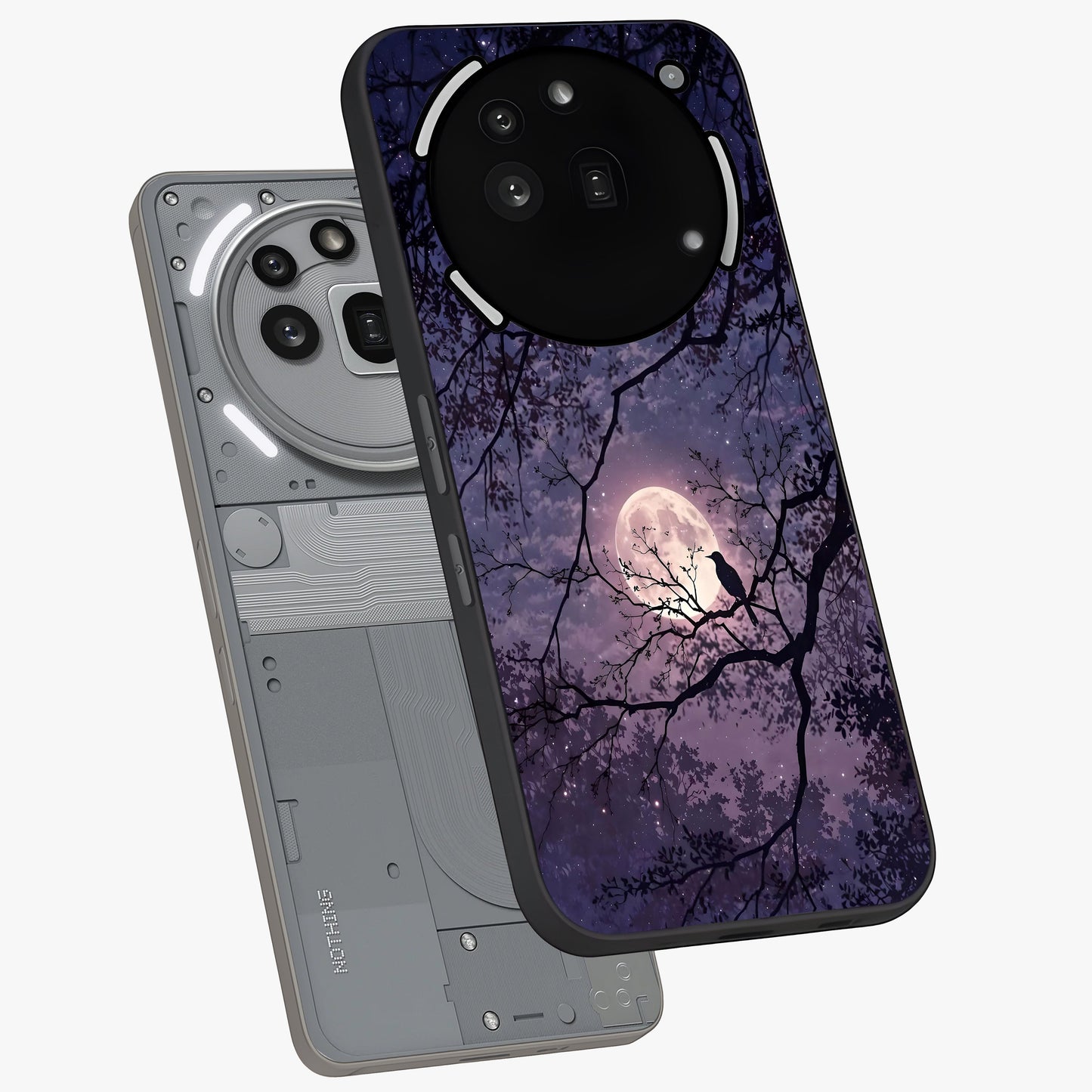Whispering Moon Silence Glass Case displayed in angled mockup highlighting calm lunar design with dreamy night aesthetic.