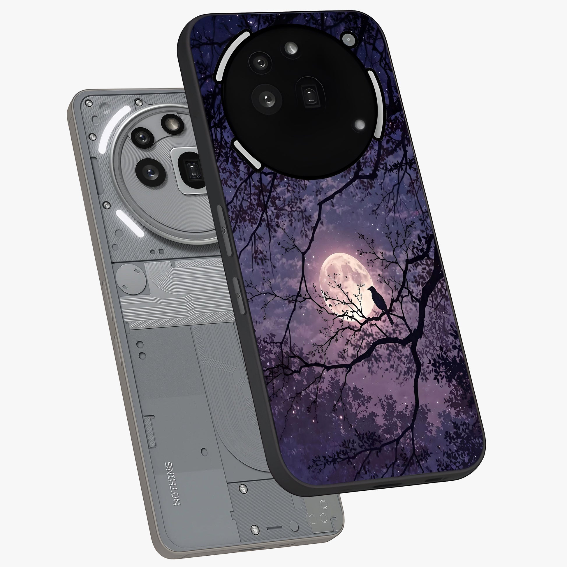 Whispering Moon Silence Glass Case displayed in angled mockup highlighting calm lunar design with dreamy night aesthetic.