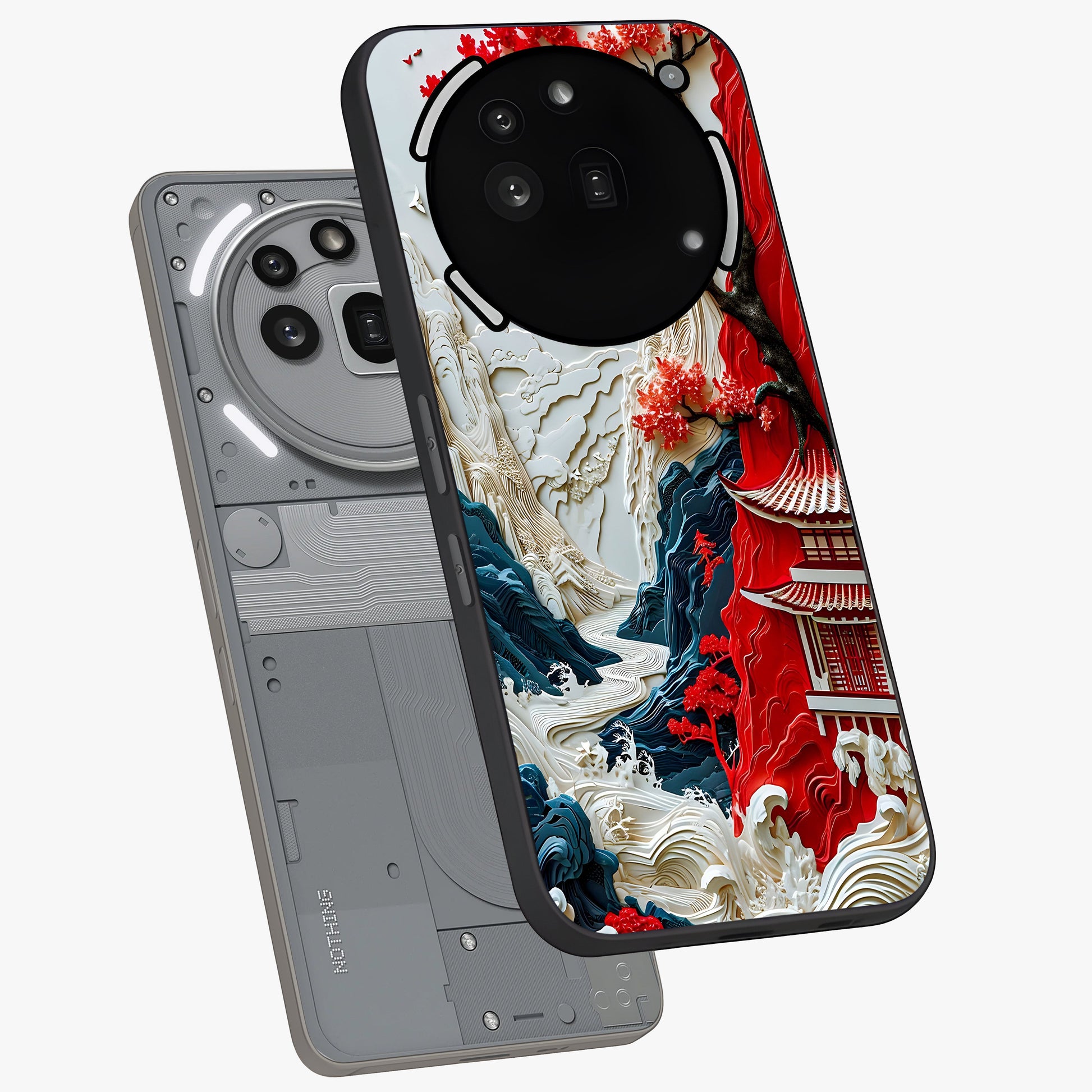 Whispers Of Sakura Waves Glass Case displayed in angled mockup highlighting flowing sakura design with soft floral aesthetic.