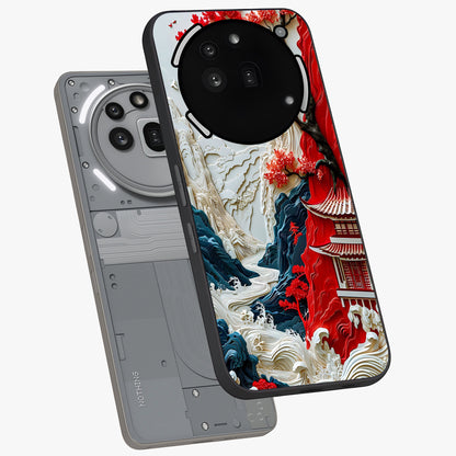 Whispers Of Sakura Waves Glass Case displayed in angled mockup highlighting flowing sakura design with soft floral aesthetic.