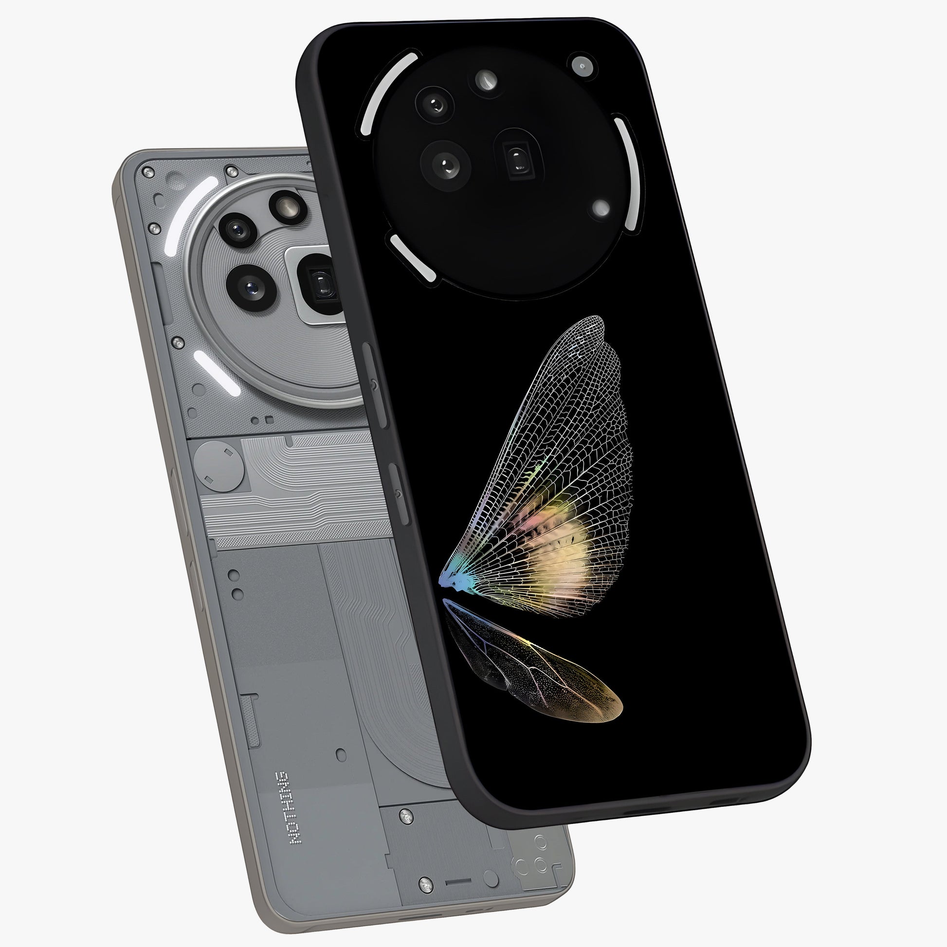 Whispers Of Wings Glass Case displayed in angled mockup highlighting soft feather design with celestial aesthetic style.