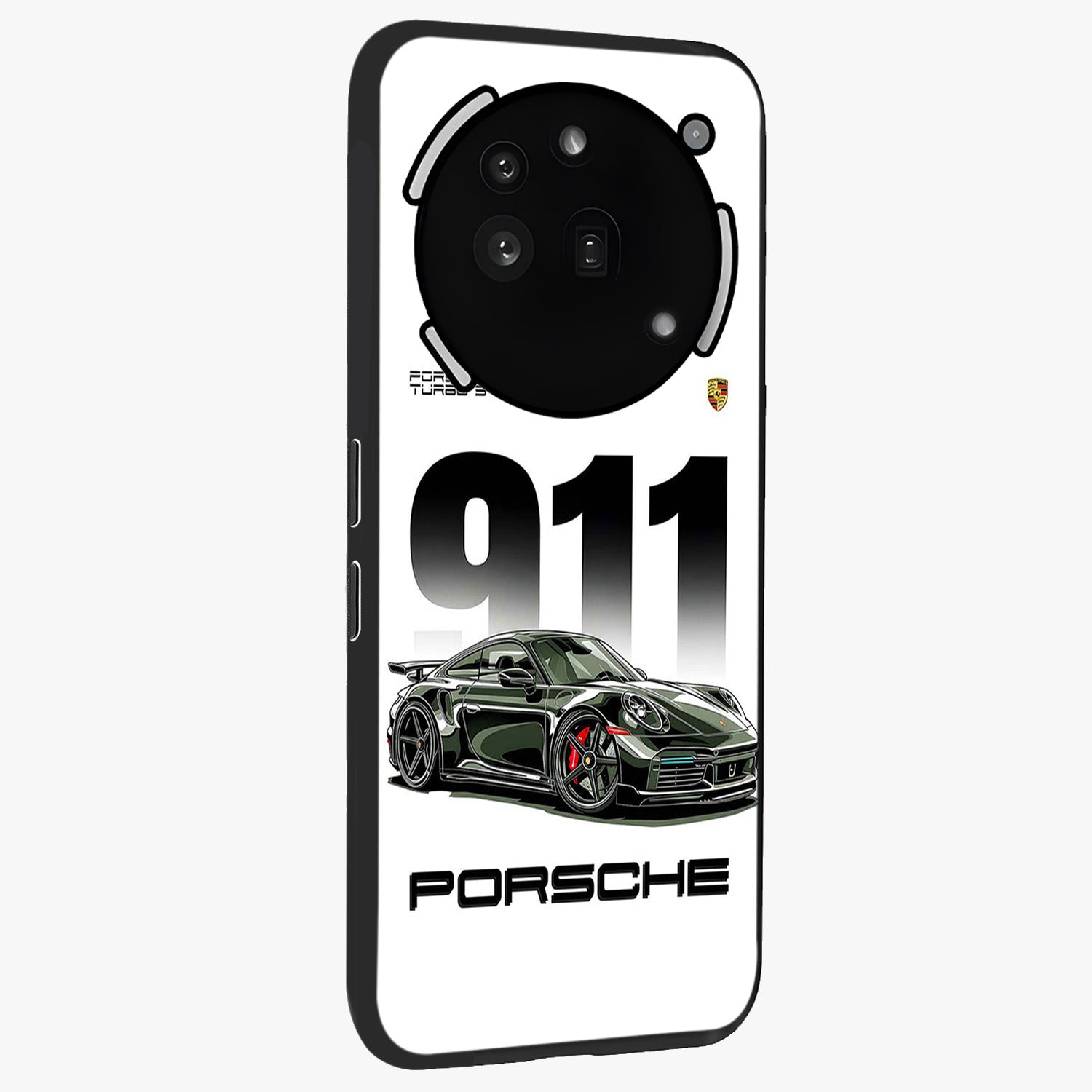 911 Turbo Dominance Glass Case upright perspective showcasing powerful racing design and modern automotive aesthetic.