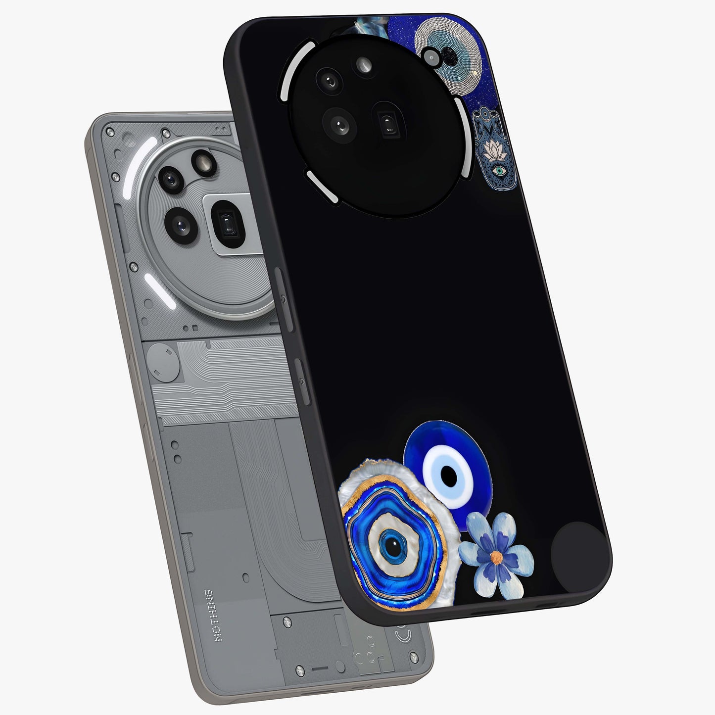Aesthetic Blue Evil Eye Glass Case displayed in angled mockup highlighting blue evil eye symbol and spiritual aesthetic design.
