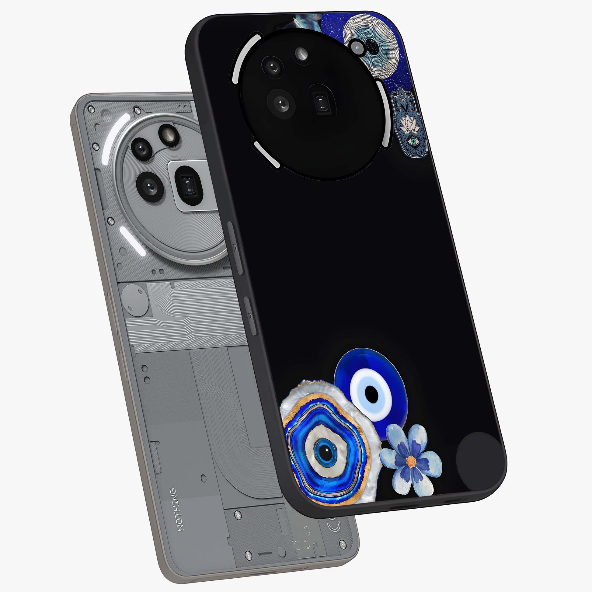 Aesthetic Blue Evil Eye Glass Case displayed in angled mockup highlighting blue evil eye symbol and spiritual aesthetic design.