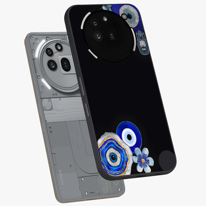 Aesthetic Blue Evil Eye Glass Case displayed in angled mockup highlighting blue evil eye symbol and spiritual aesthetic design.