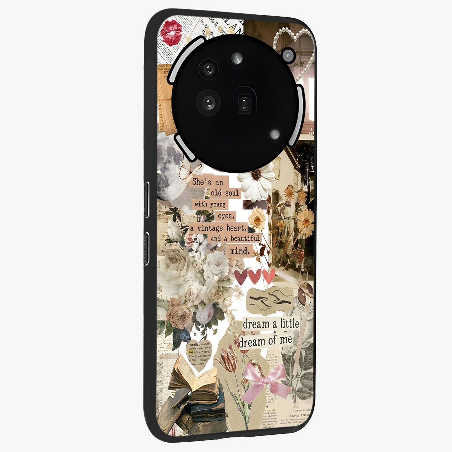 Aesthetic Brown Vintage Collage Glass Case upright view showcasing nostalgic retro artwork with stylish vintage theme.
