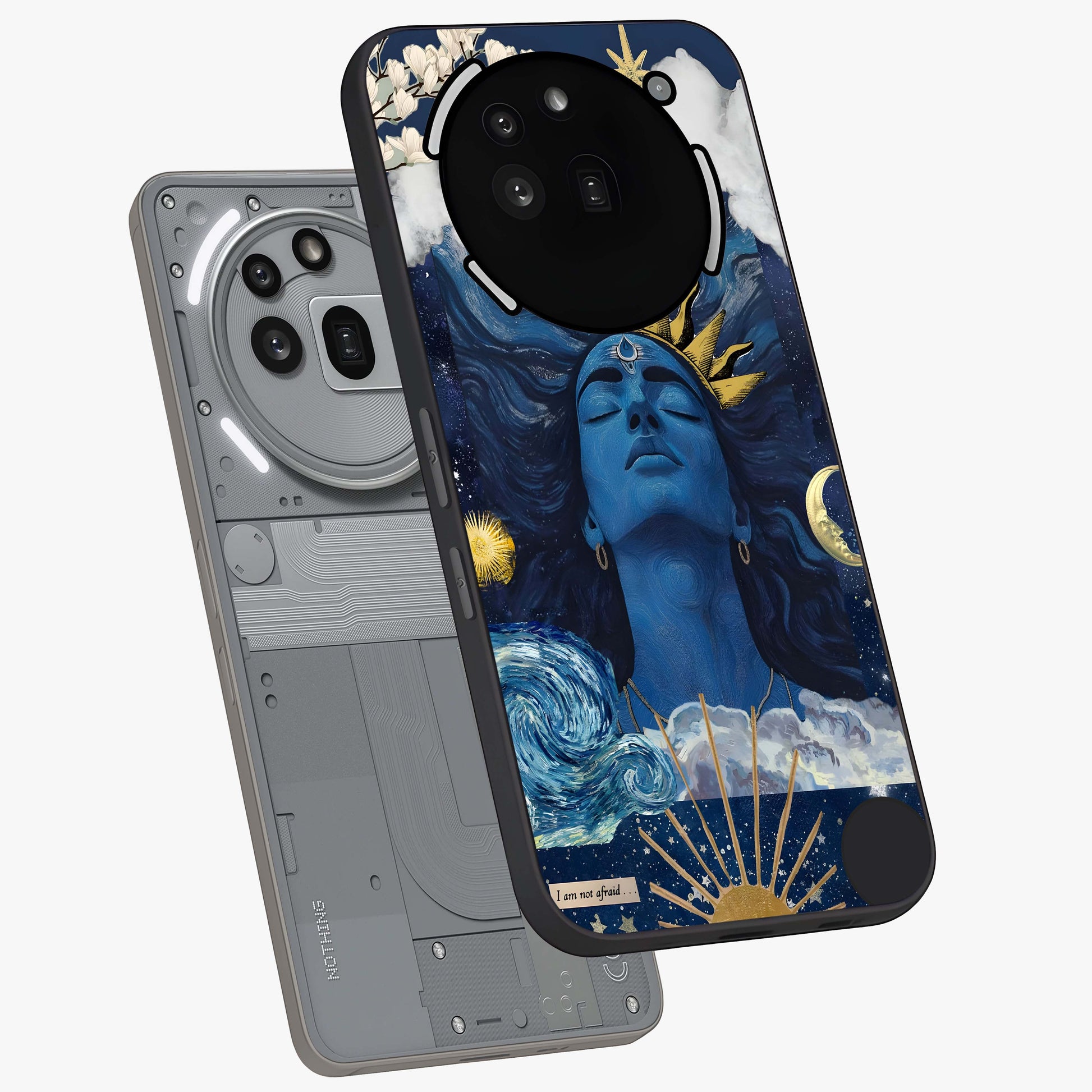 Aesthetic Lord Shiva Glass Case displayed in angled mockup highlighting spiritual Shiva illustration and sacred aesthetic design.
