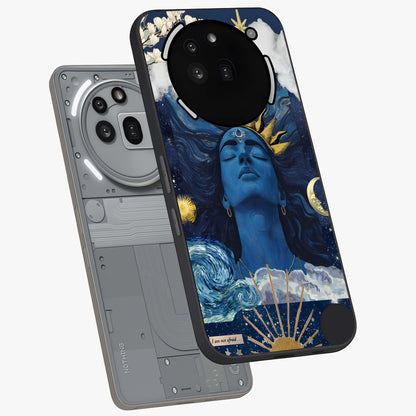Aesthetic Lord Shiva Glass Case displayed in angled mockup highlighting spiritual Shiva illustration and sacred aesthetic design.