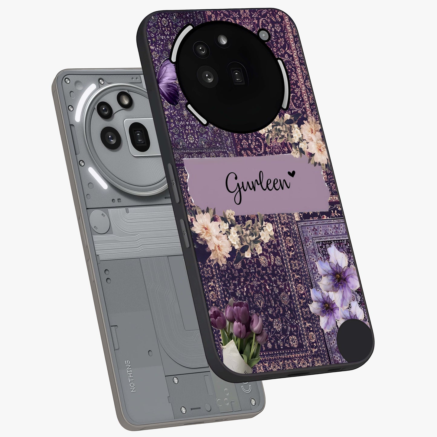 Antique Floral Whisper Custom Name Glass Case displayed in angled mockup highlighting elegant antique floral aesthetic.