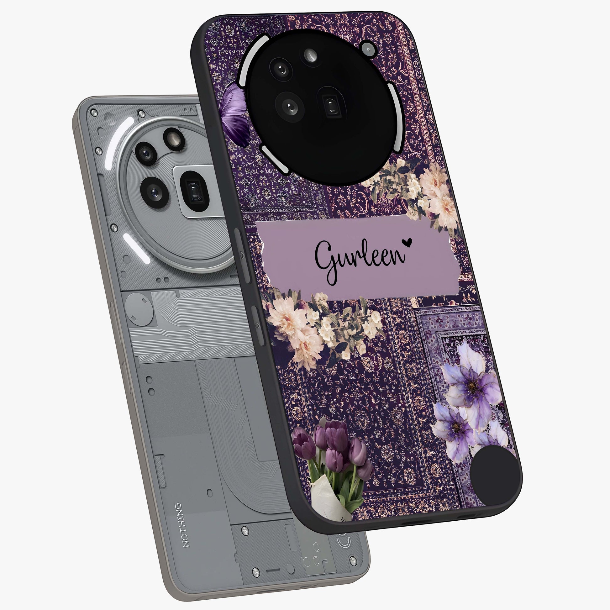 Antique Floral Whisper Custom Name Glass Case displayed in angled mockup highlighting elegant antique floral aesthetic.
