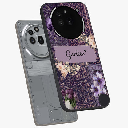 Antique Floral Whisper Custom Name Glass Case displayed in angled mockup highlighting elegant antique floral aesthetic.