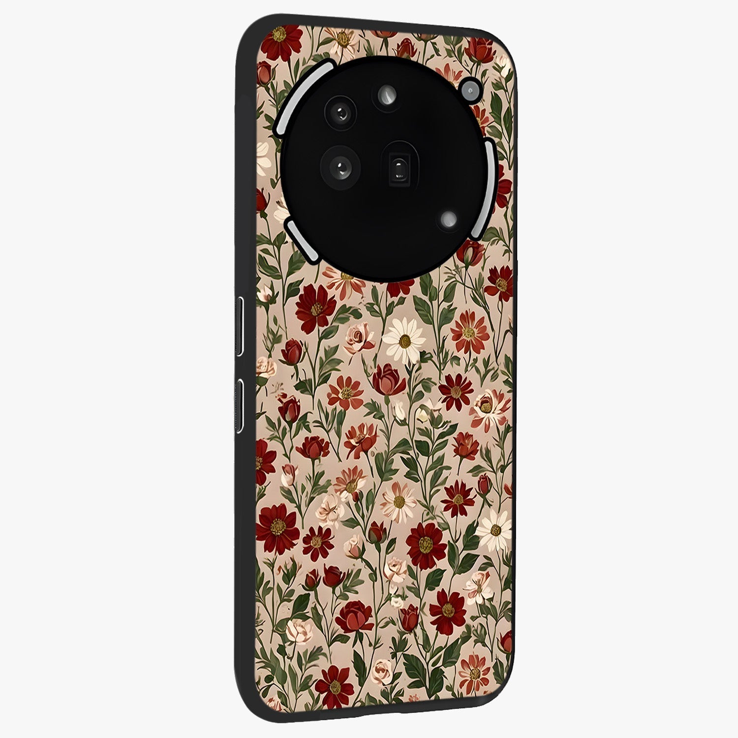 Biege Flower With Leaf Glass Case upright view showcasing delicate beige flower illustration with clean botanical style.