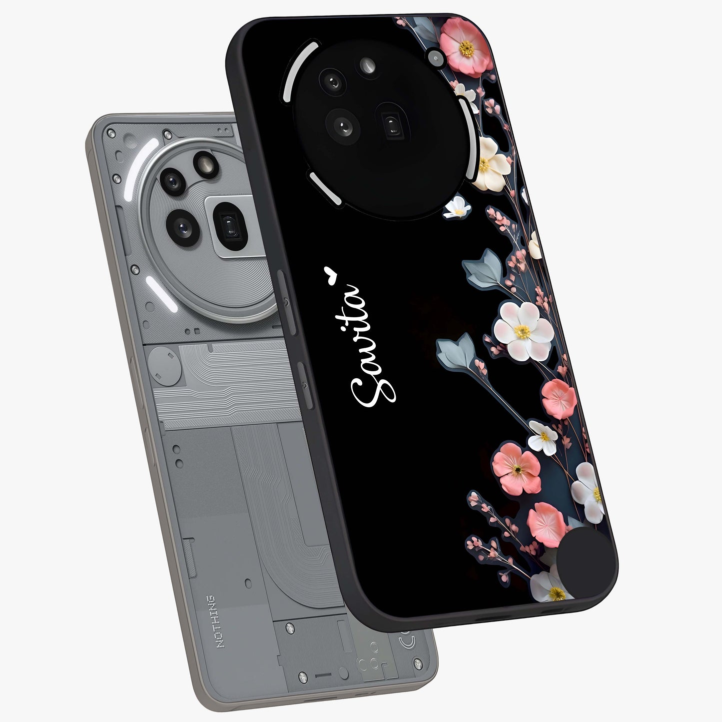 Black Elegance Floral Custom Name Glass Case displayed in angled mockup highlighting dark floral aesthetic and custom name feature.