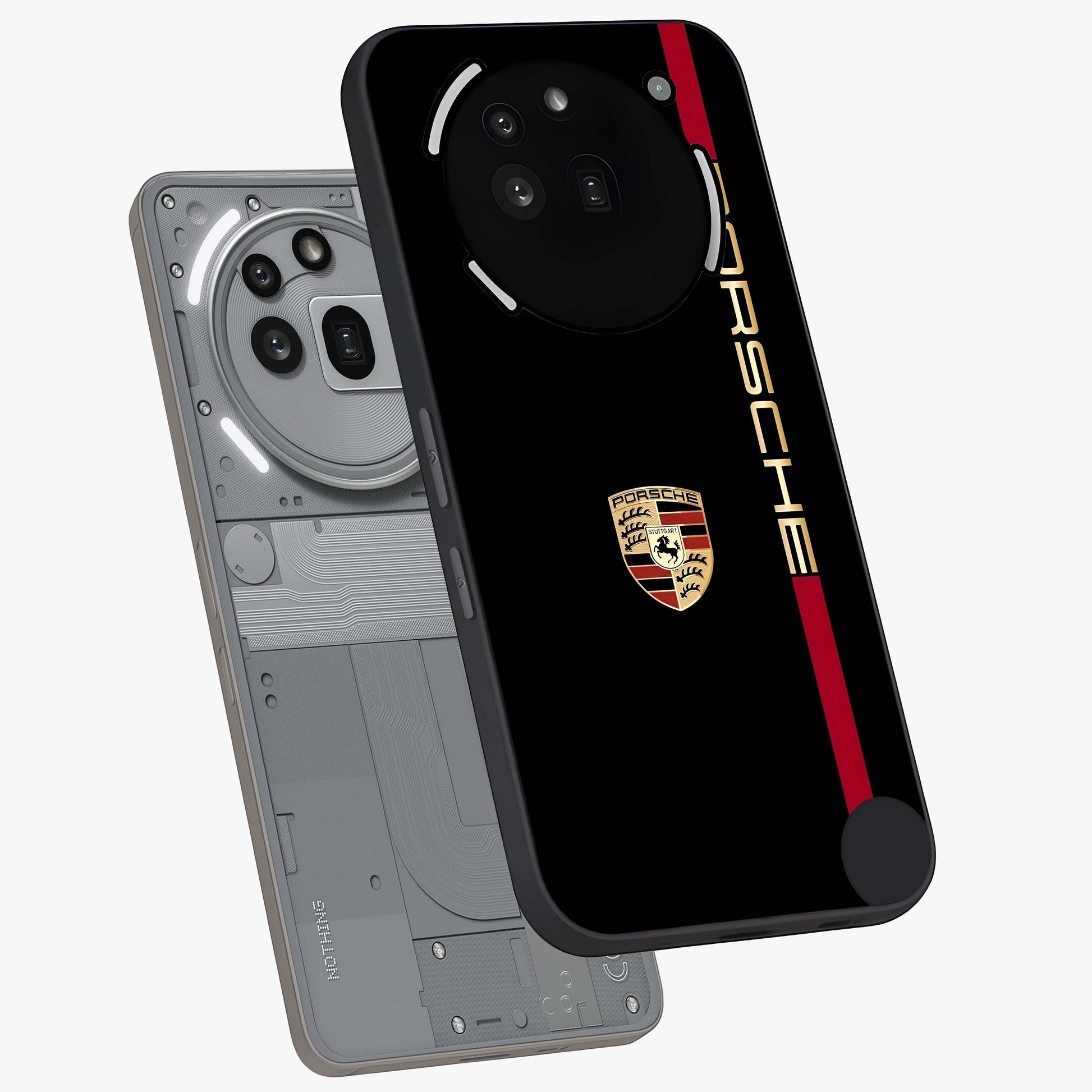 Black Minimal Porsche Glass Case displayed in angled mockup highlighting modern minimal car illustration and clean aesthetic design.