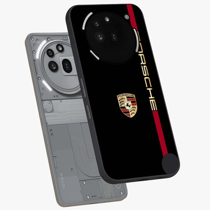 Black Minimal Porsche Glass Case displayed in angled mockup highlighting modern minimal car illustration and clean aesthetic design.